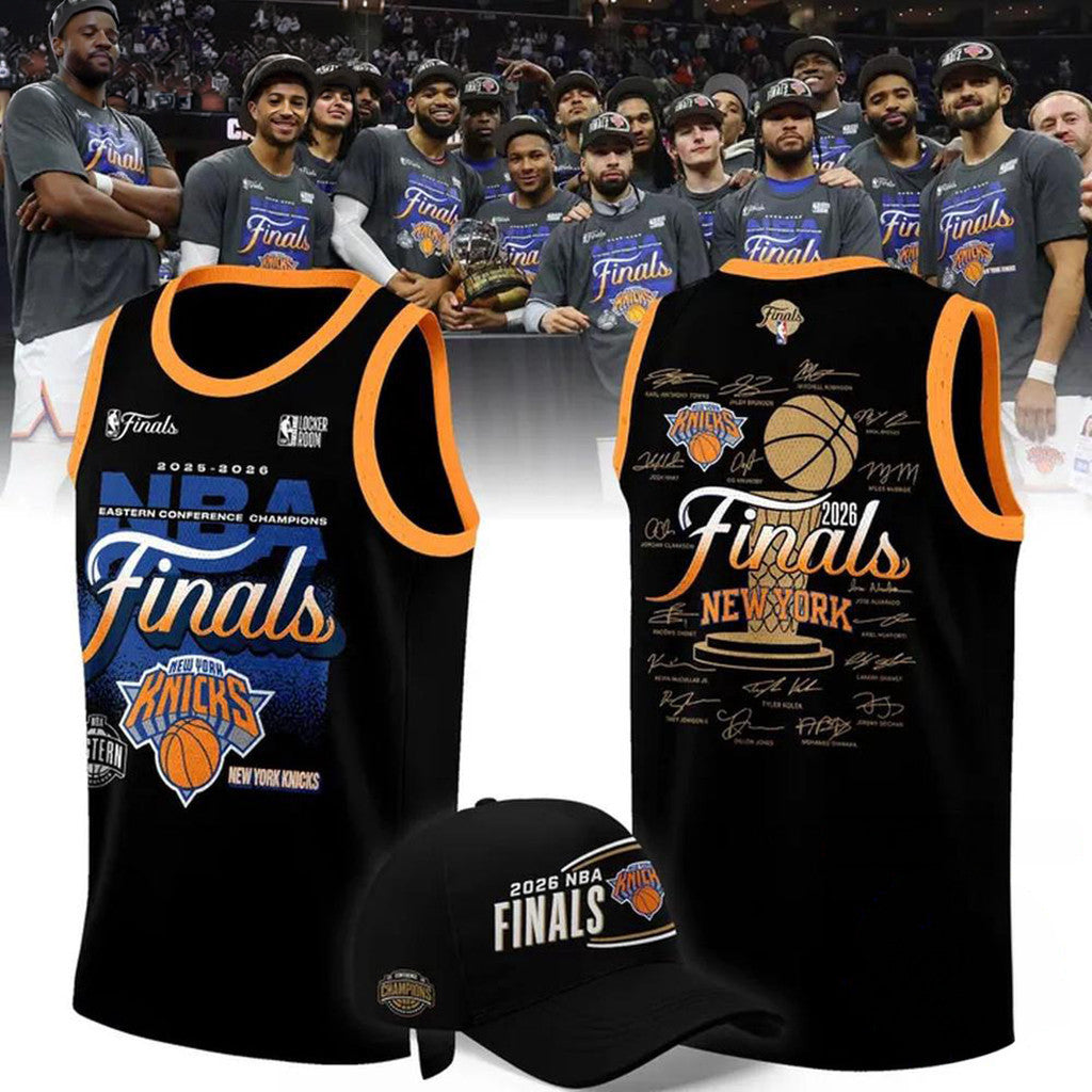 NY Knicks Finals Merch 2026 Knicks Eastern Conference Champions Locker Room Signatures Jersey - Merchluma