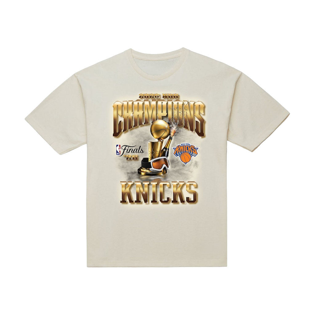 New York Knicks Champions Merch NY Knicks Mitchell And Ness 2026 Finals Champions T-Shirt Natural - Merchluma
