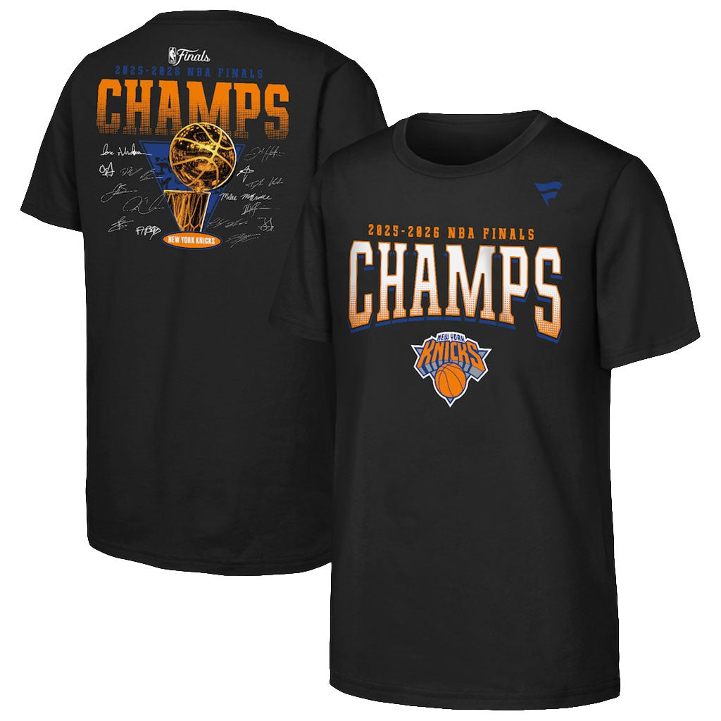 New York Knicks Champions Merch NY Knicks 2026 Finals Champions Trophy Signature Roster T-Shirt - Merchluma