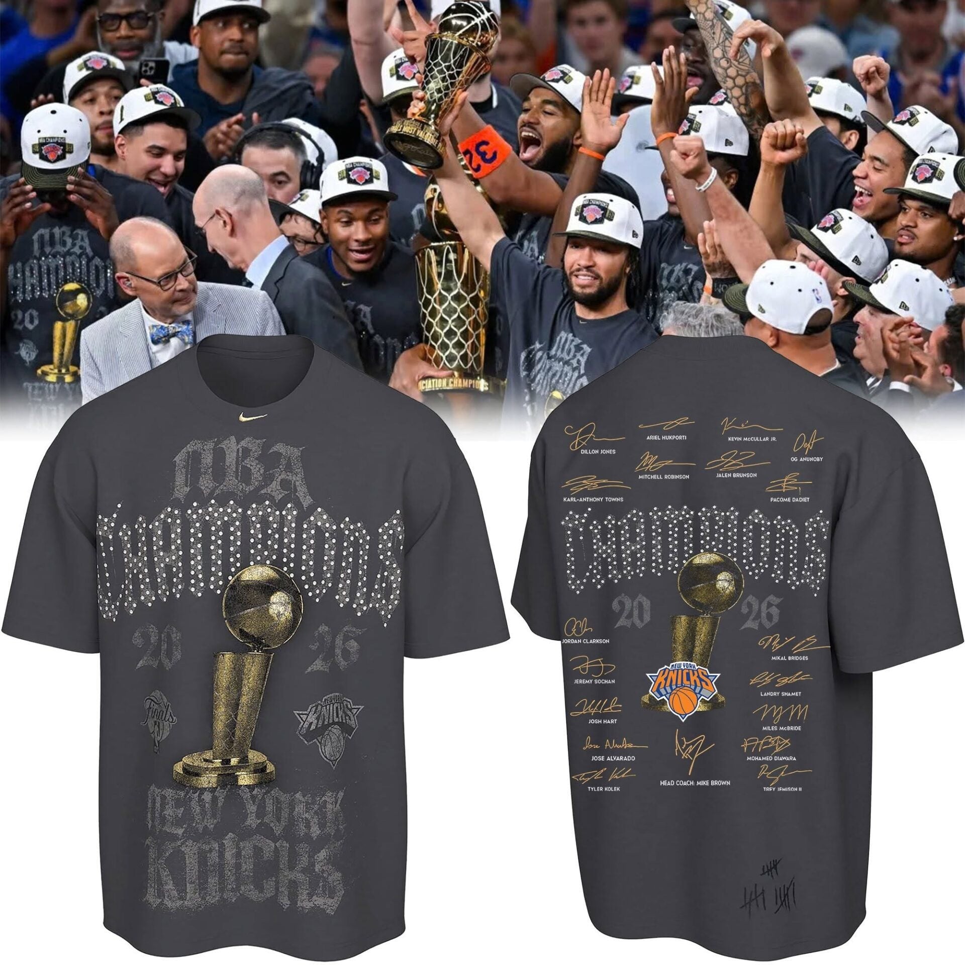 New York Knicks Champions Merch 2026 Knicks Championship Roster Trophy T-Shirt Signed - Merchluma