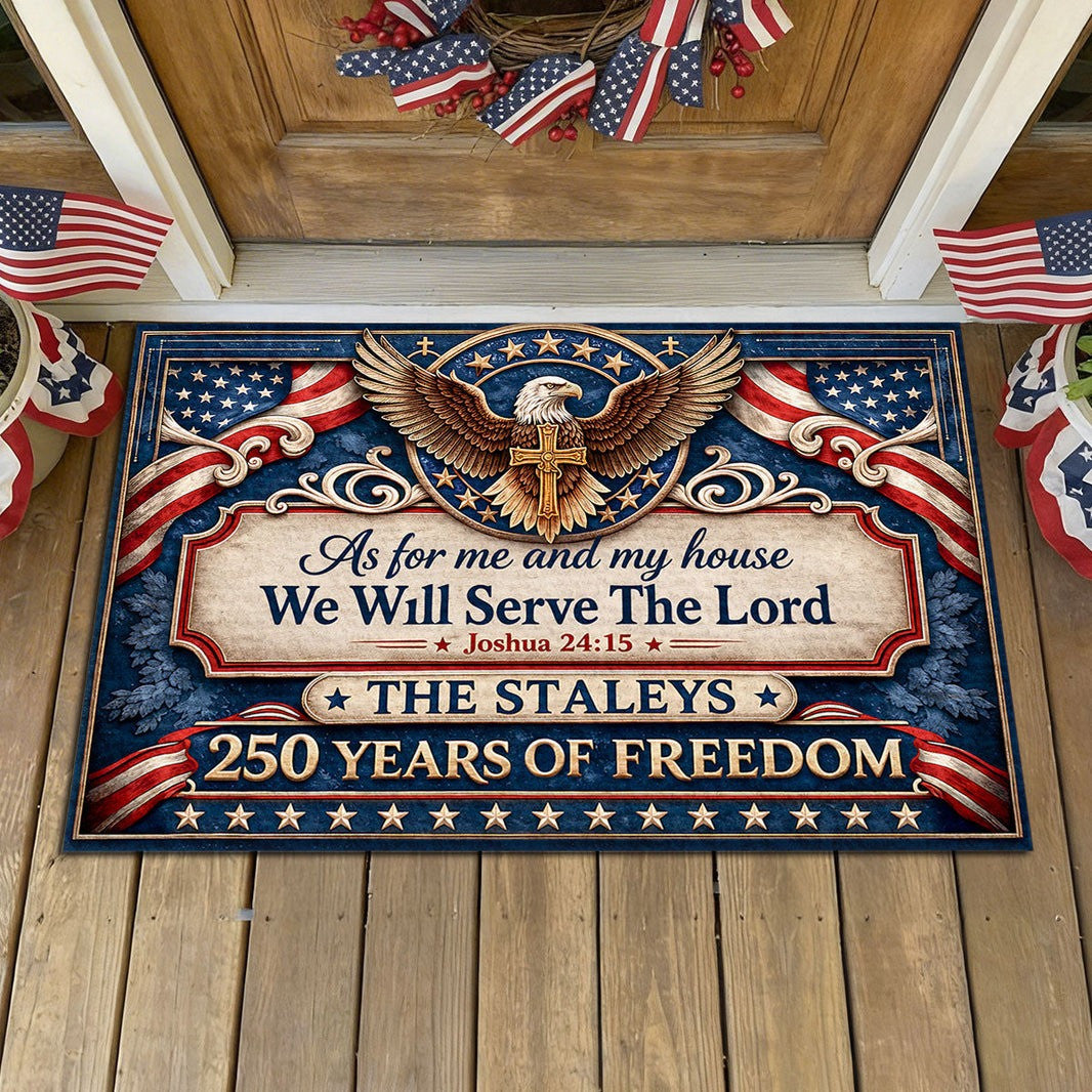 Personalized USA 250 Years We Will Serve The Lord Doormat Door Entrance Decor Patriotic Gifts - Merchluma