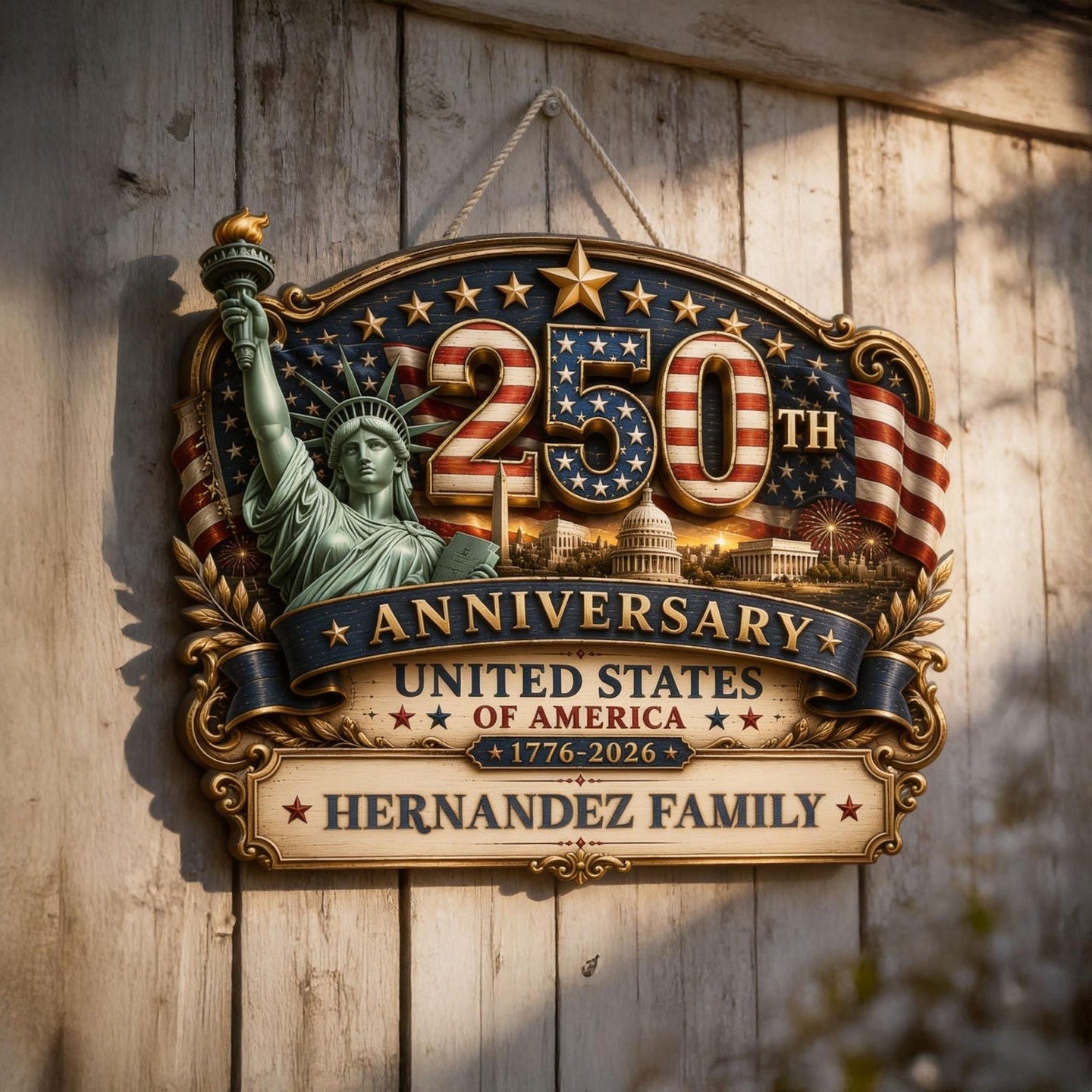 Custom USA 250th Anniversary American Flag Statue Of Liberty Wood Sign Patriotic Home Decor - Merchluma