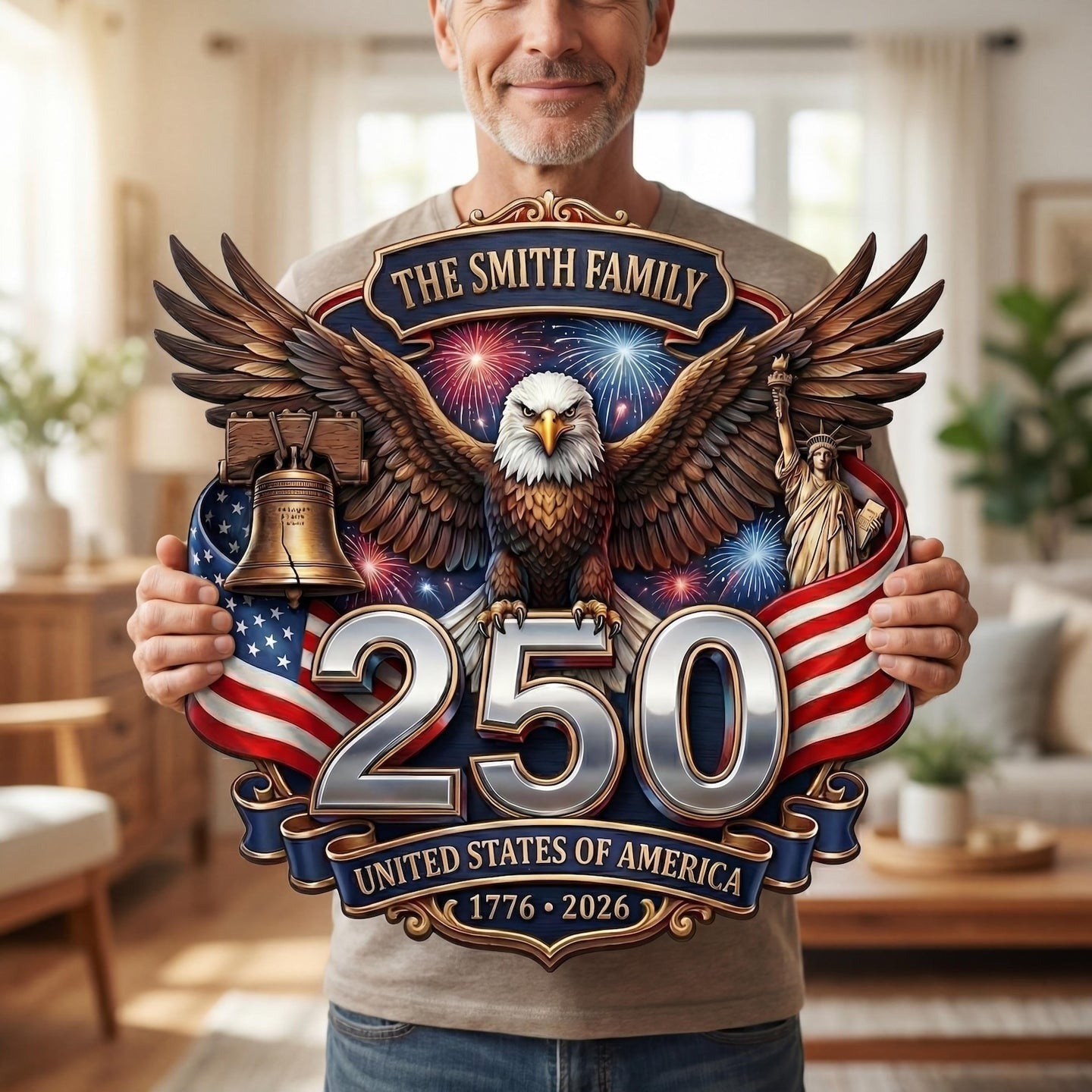 Personalized USA 250th Anniversary Patriotic Eagle Wood Sign US Patriot Merch Gift For Family - Merchluma