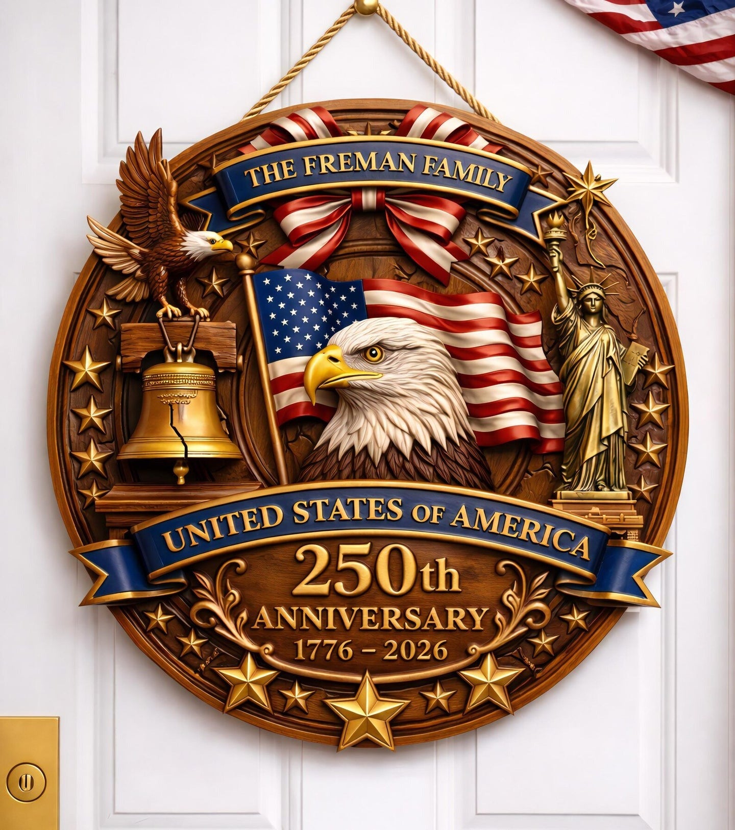 Personalized USA Flag 250th Anniversary Wood Sign Patriotic Eagle Merch Patriotic Family Gifts - Merchluma