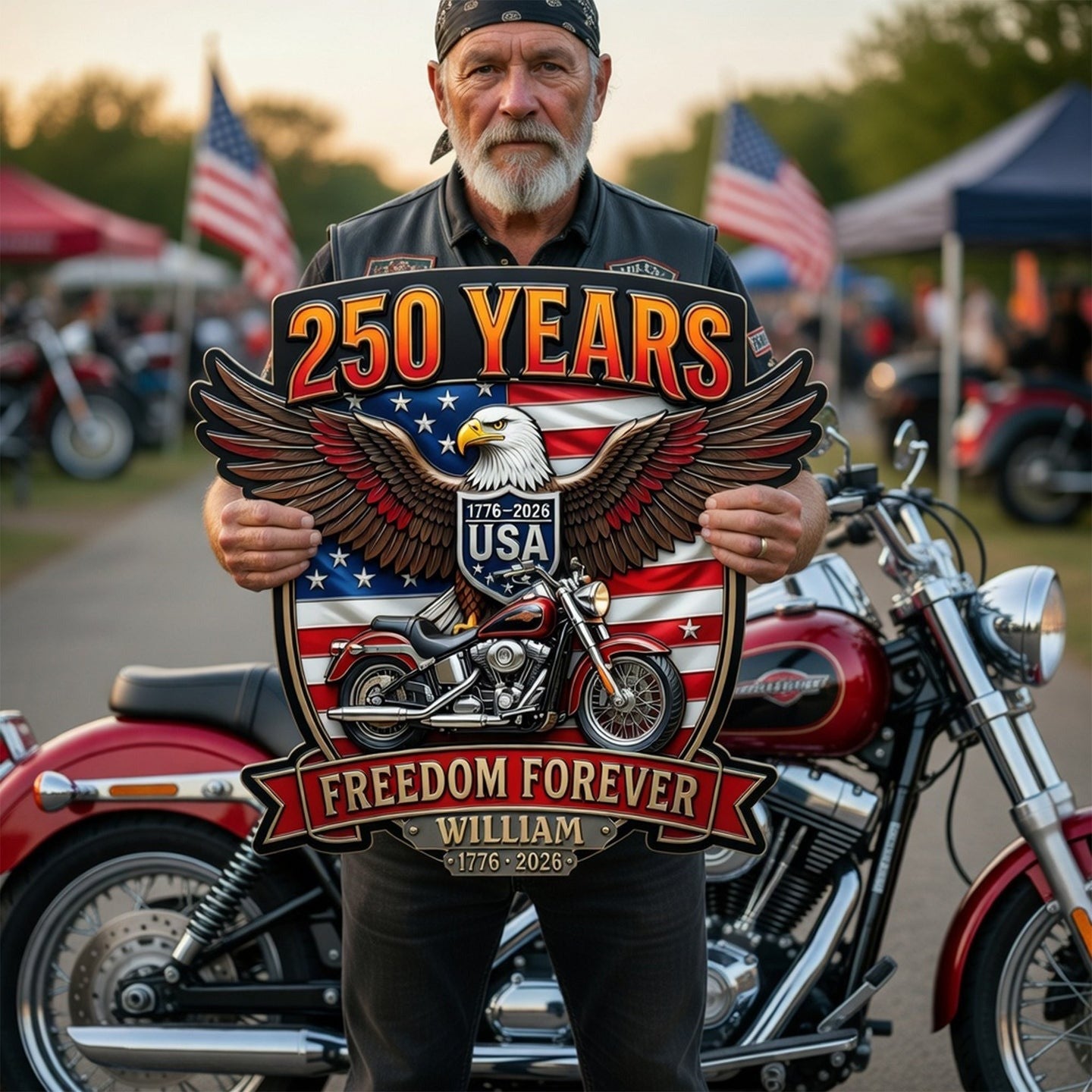 Personalized Biker USA 250 Years Eagle Motorcycle Metal Sign Patriotic Merch Gift For Him - Merchluma