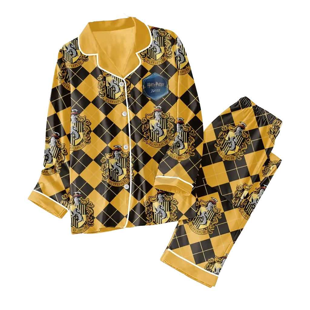 Harry Potter Hufflepuff Yellow Black Satin Pajama Set Harry Potter Merch Present For Wife - Merchluma