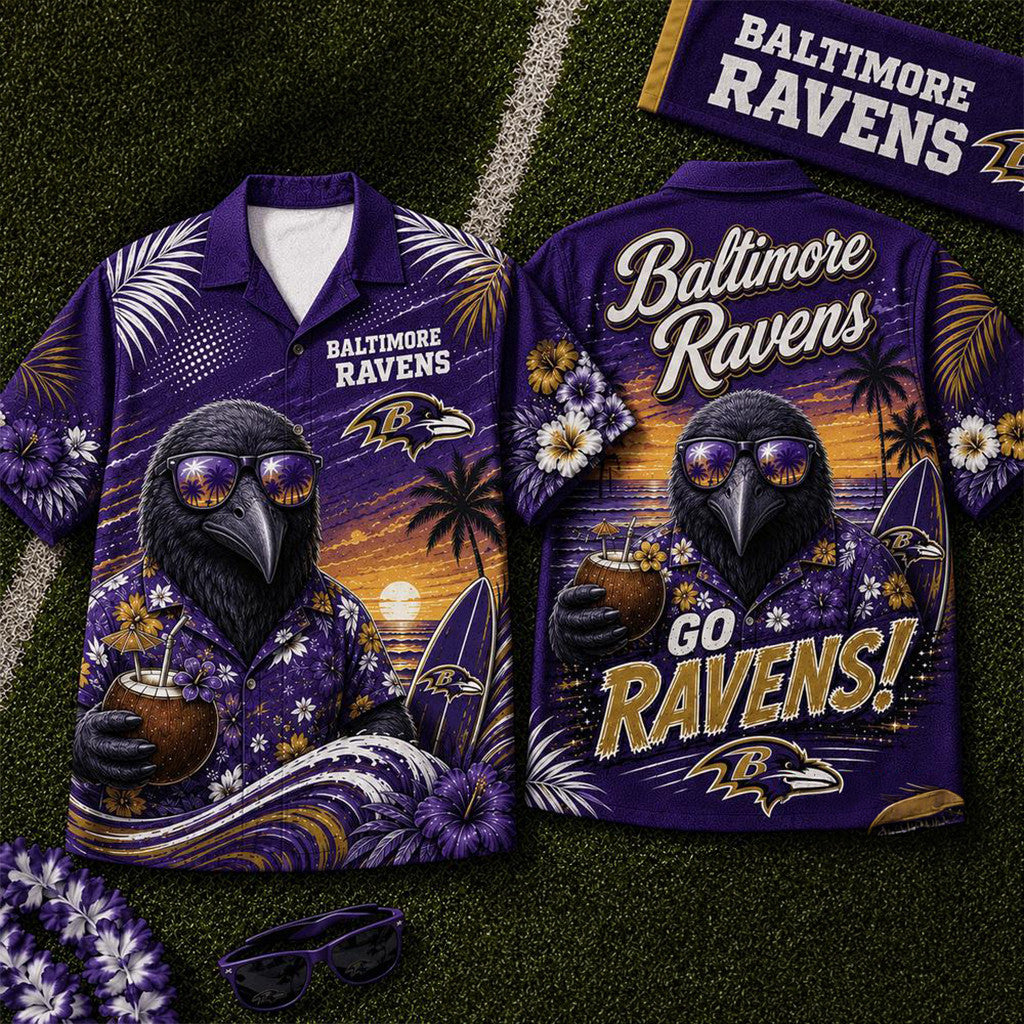 Baltimore Ravens 2026 Mascot Beach Vibes Summer Hawaiian Shirt Ravens Merch Gift For Fans - Merchluma