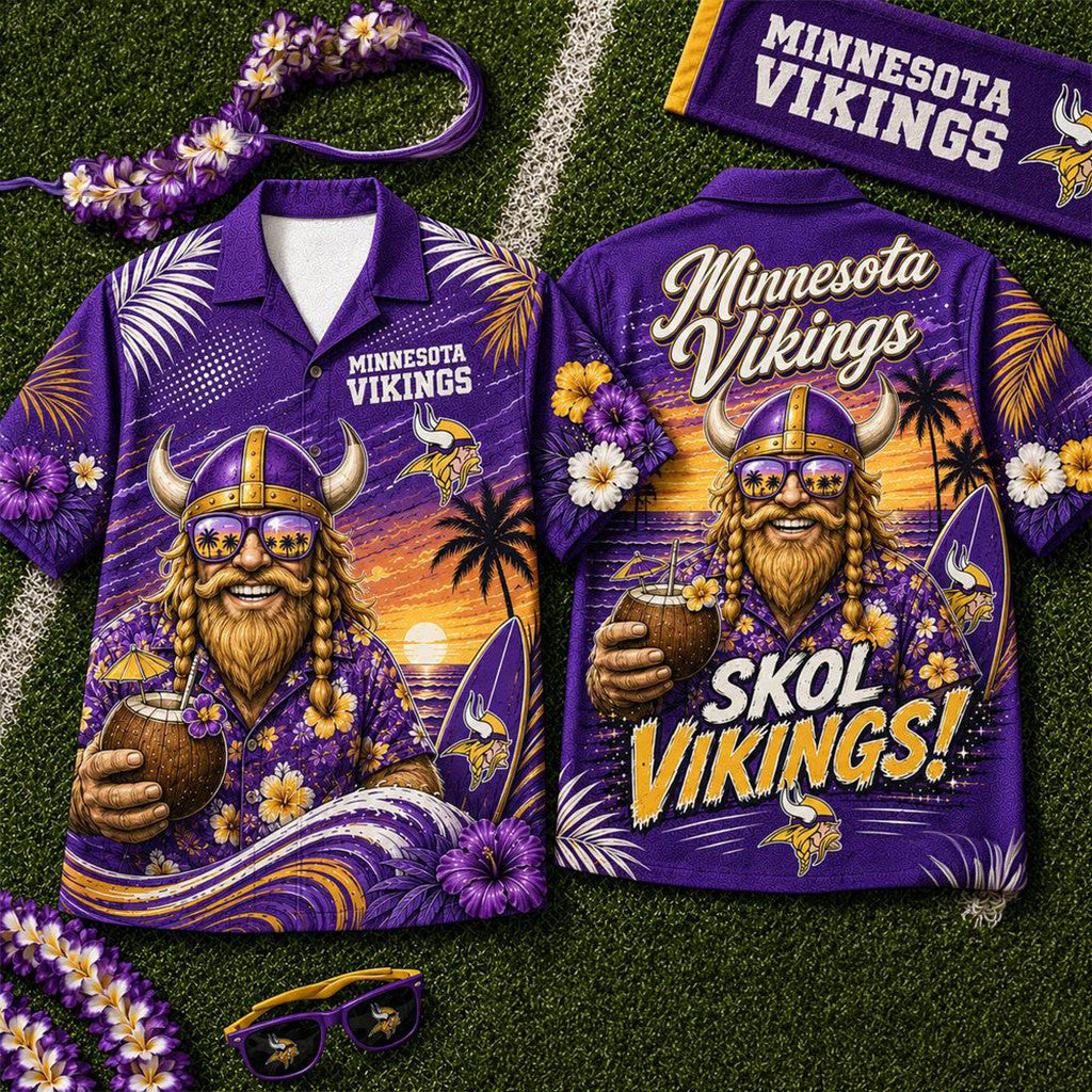 Minnesota Vikings 2026 Mascot Beach Vibes Summer Hawaiian Shirt Vikings Merch Gifts For Him - Merchluma