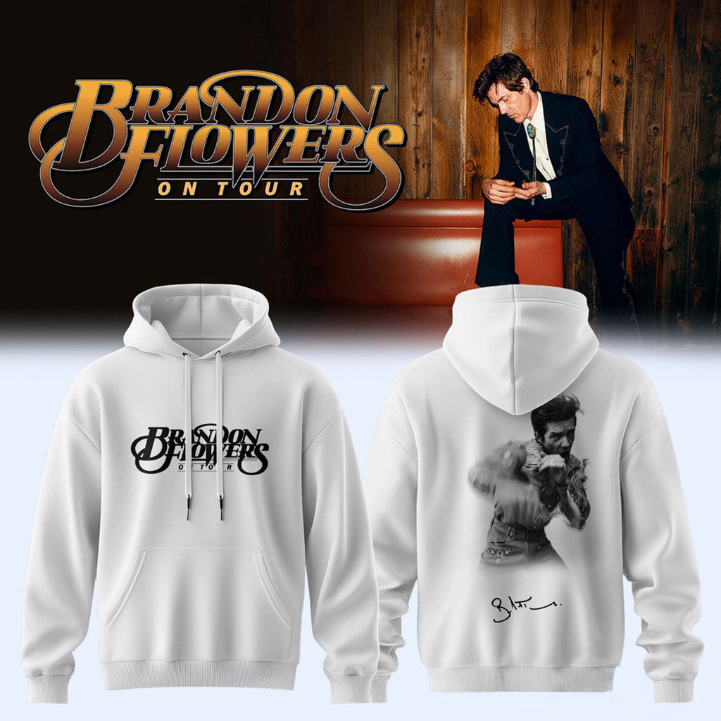 Brandon Flowers On Tour 2026 Signature White Hoodie Brandon Flowers Merch Gift For Husband - Merchluma
