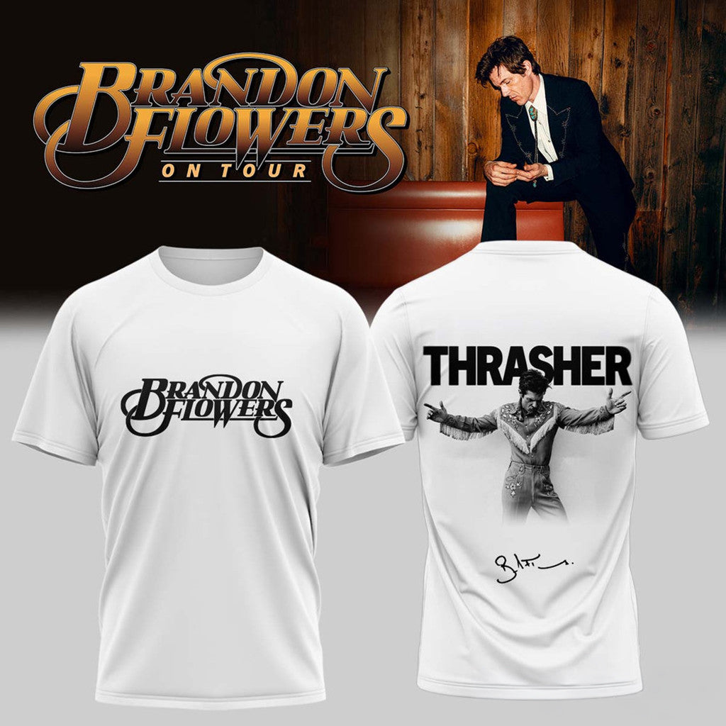Brandon Flowers On Tour 2026 Signature White T-Shirt Thrasher Shirt Brandon Flowers Merch - Merchluma