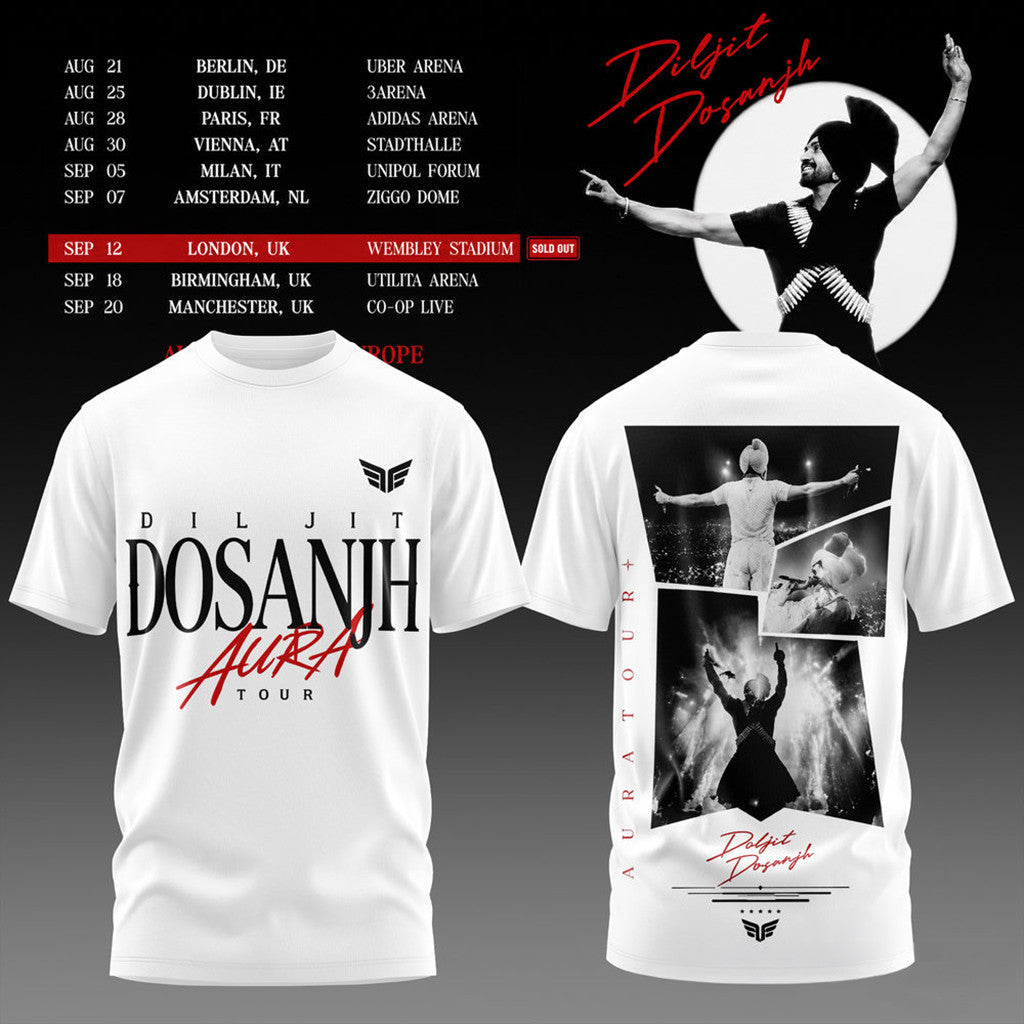 Diljit Dosanjh Aura World Tour 2026 T-Shirt White Diljit Dosanjh Merch Gift For Fans - Merchluma