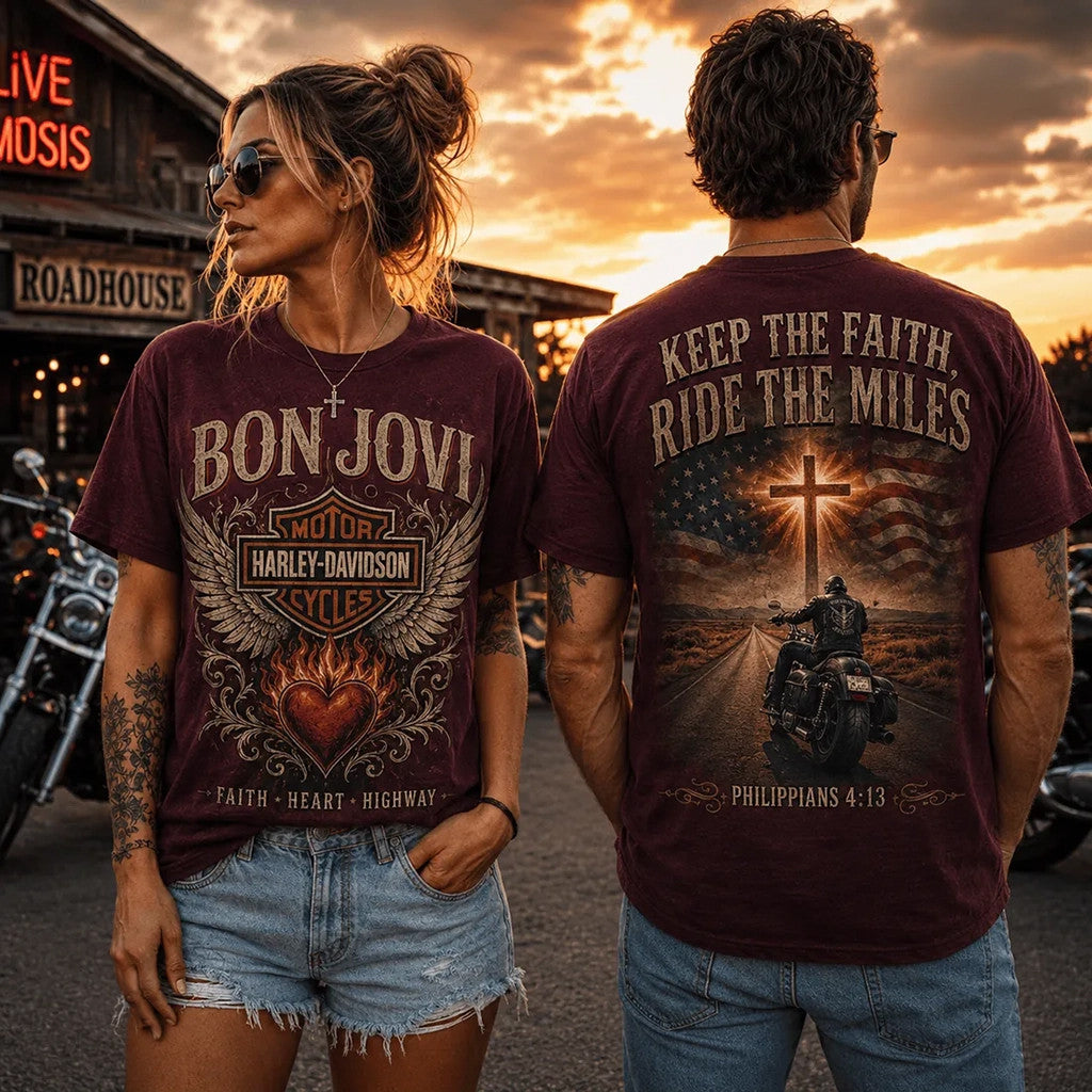 Bon Jovi Harley-Davidson Faith Cross T-Shirt Keep The Faith Ride The Miles Shirt Religious Gift - Merchluma