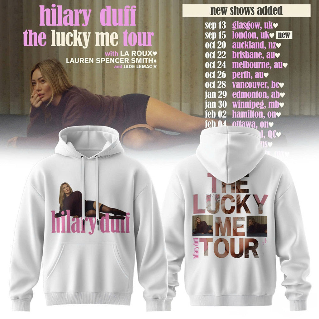 Hilary Duff Merch 2026 The Lucky Me Tour White Hoodie Hilary Duff Hoodie Gift For Music Lover - Merchluma