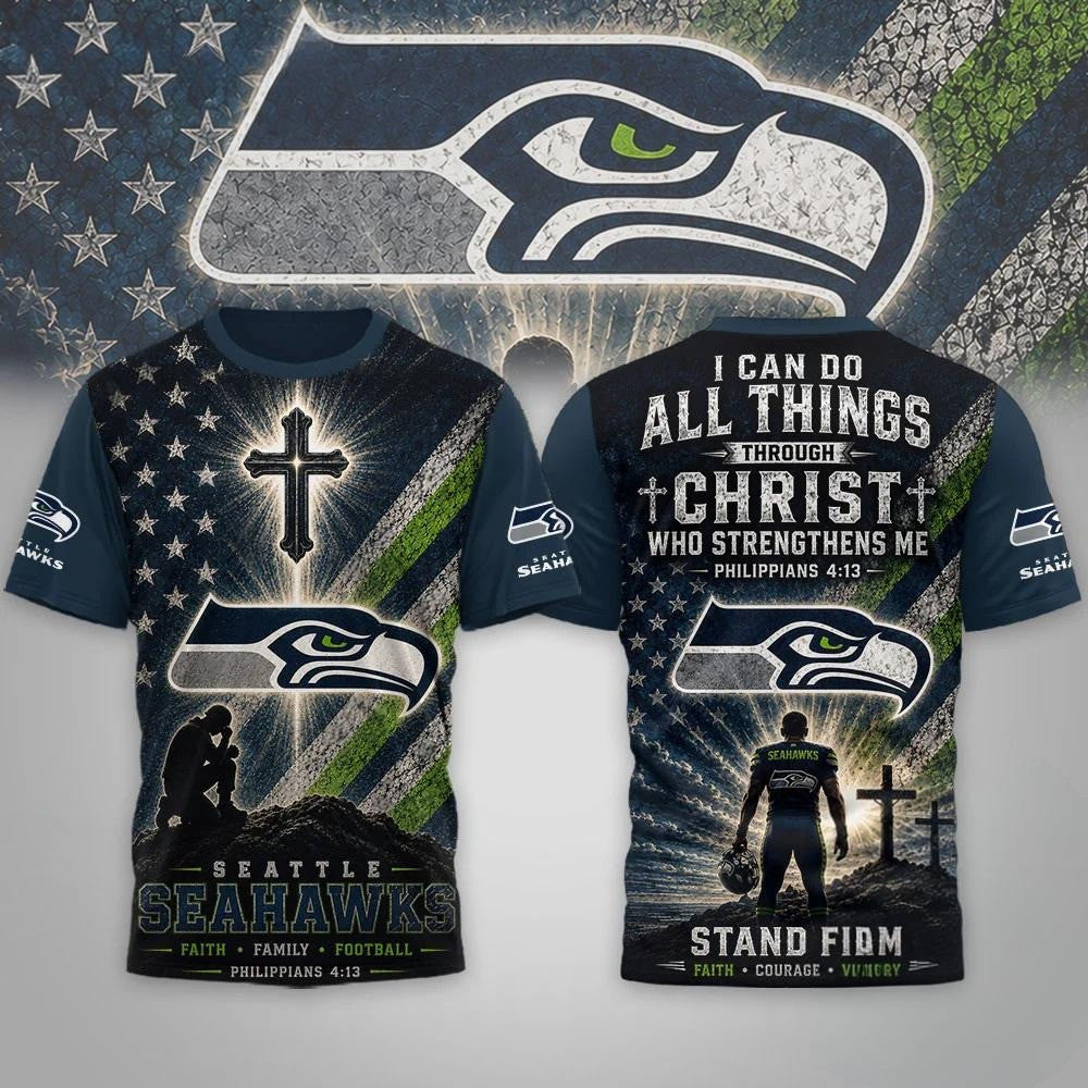 Seattle Seahawks 2026 Faith Family Football T-Shirt Seahawks Merch Religious Shirt Fan Gifts - Merchluma
