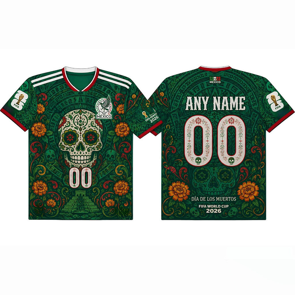 Personalized Mexico Dia De Los Muertos FIFA World Cup 2026 Sugar Skull Football Jersey Shirt - Merchluma