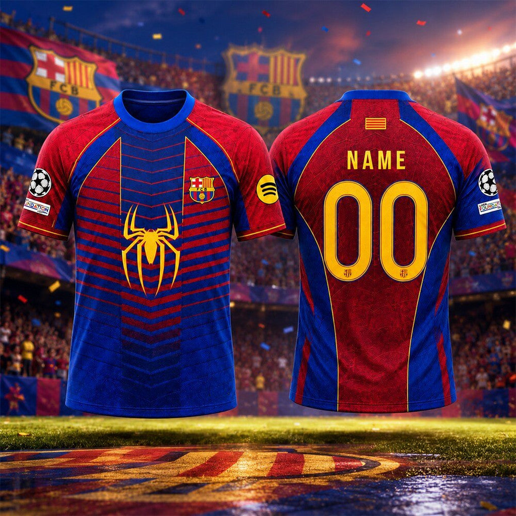 Personalized 2026 FC Barcelona X Spider Man Marvel Soccer Jersey Shirt Gift For Brothers - Merchluma