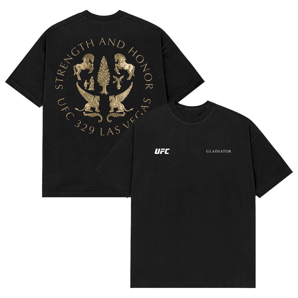 UFC Merch 2026 Black UFC 329 X Gladiator Strength And Honor T-Shirt Gifts For Husband - Merchluma