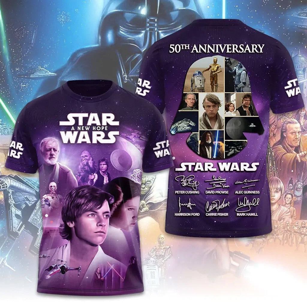 Star Wars A New Hope Cast Signature 50th Anniversary T-Shirt Star Wars Merch Movie Fan Gear - Merchluma