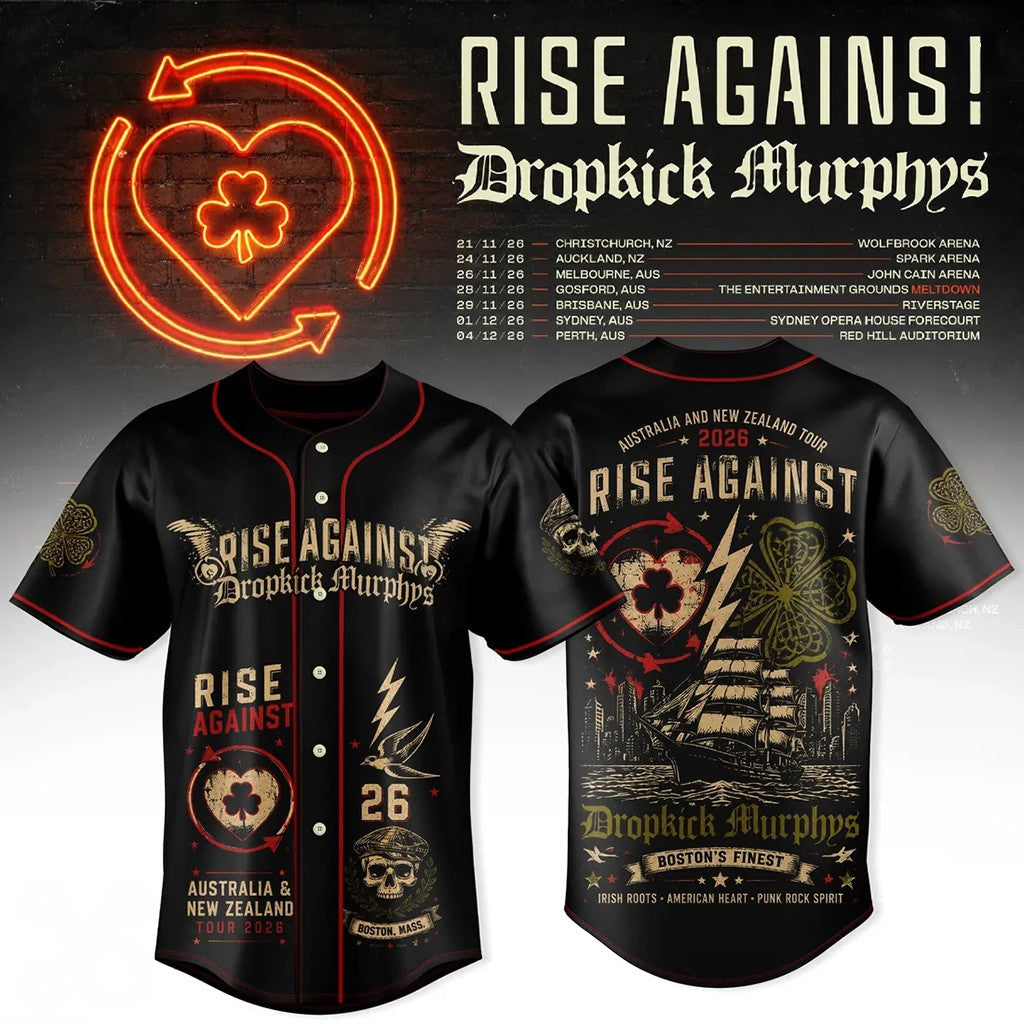 Rise Against x Dropkick Murphys 2026 Tour Black Baseball Jersey Rise Against Merch Fan Gear - Merchluma