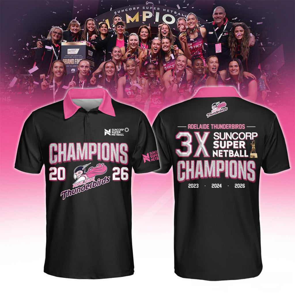 Adelaide Thunderbirds Champions 2026 Black Polo Shirt Thunderbirds Merch Gift For Netball Fans - Merchluma