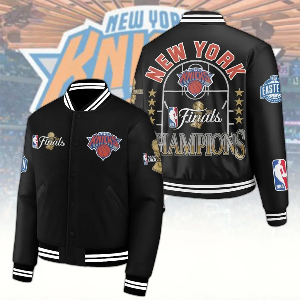 New York Knicks 2026 Finals Champions Black Varsity Jacket Knicks Merch Basketball Lover Gifts - Merchluma