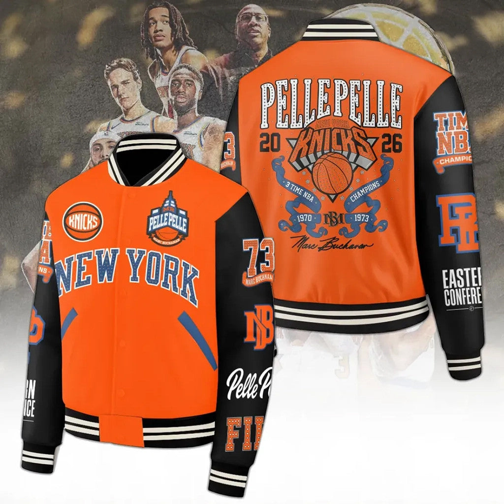 Pelle Pelle New York Knicks Orange Black Varsity Jacket 2026 Knicks Merch Basketball Fan Gifts - Merchluma