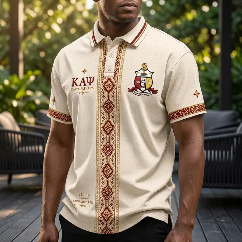 Kappa Alpha Psi Cream Cultural Pattern Polo Shirt KAP Fraternity Merch Present for Grandpa - Merchluma
