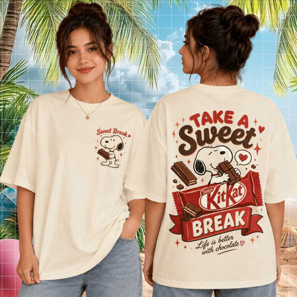 Retro Snoopy KitKat Take A Sweet Break Cream T-Shirt KitKat Merch Best Gift For Sisters