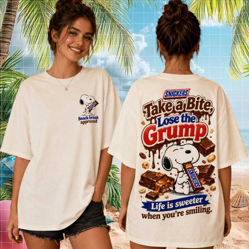 Snickers Snoopy Take A Bite Lose The Grump Chocolate Vintage T-Shirt Candy Lovers Gift For Her