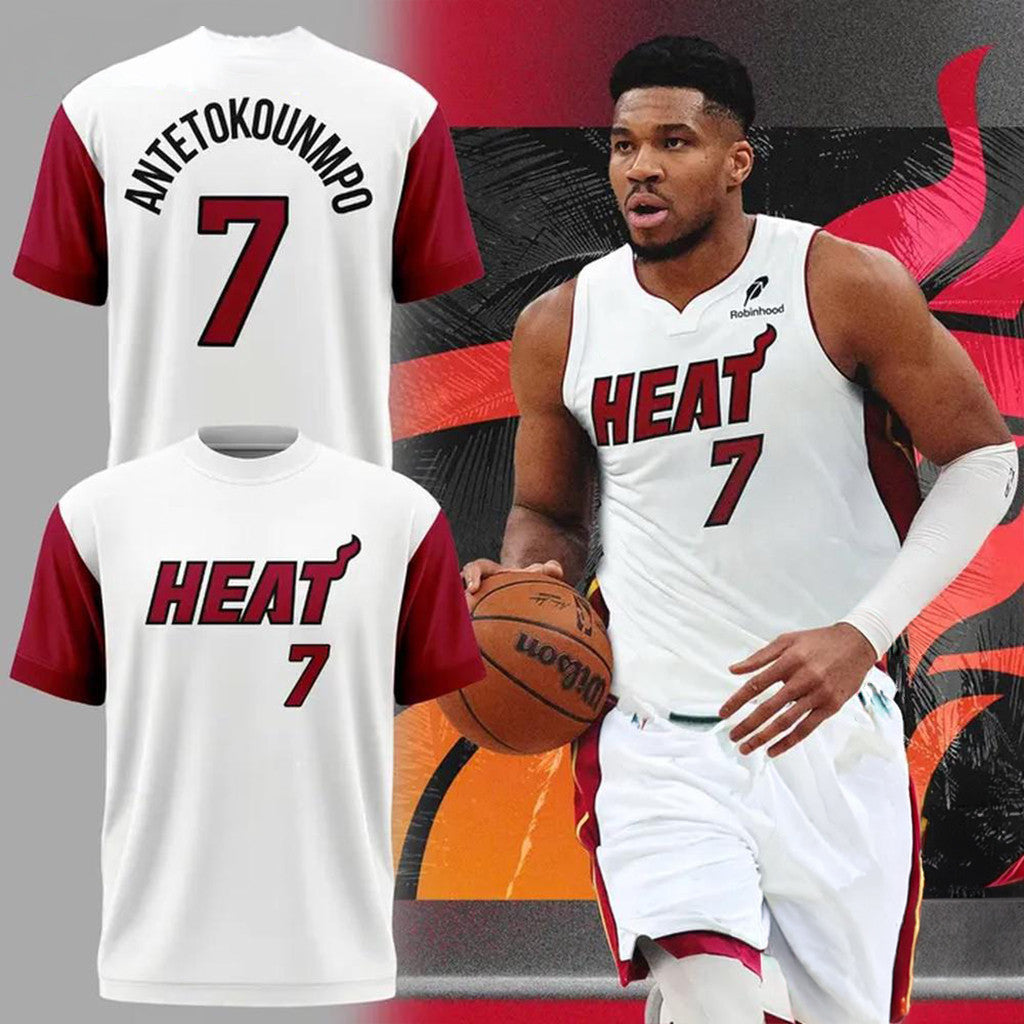 #7 Giannis Antetokounmpo T-Shirt Miami Heat Merch White Basketball Fan Gift Ideas