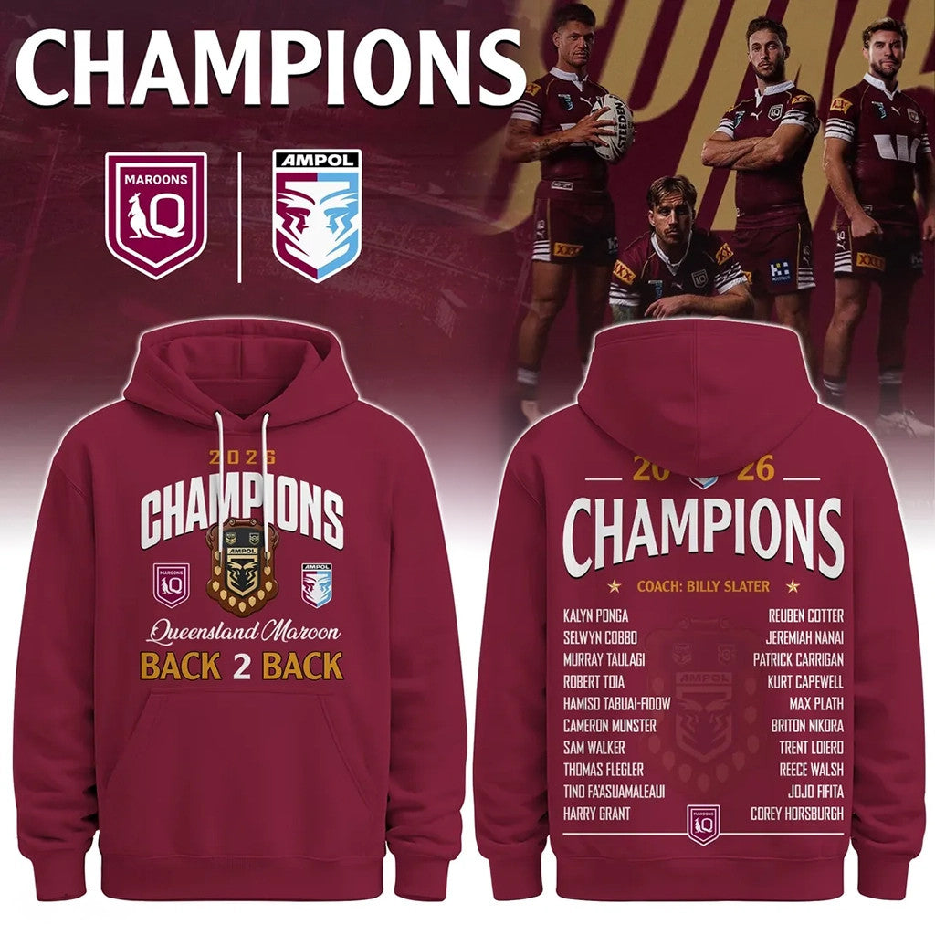 Queensland Maroons 2026 Back To Back Champions Hoodie Queensland Maroons Merch Rugby Fan Gifts