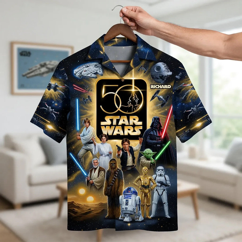 Custom Star Wars Merch 50th Anniversary Cosmic Button Down Hawaiian Shirt Gifts For Fan