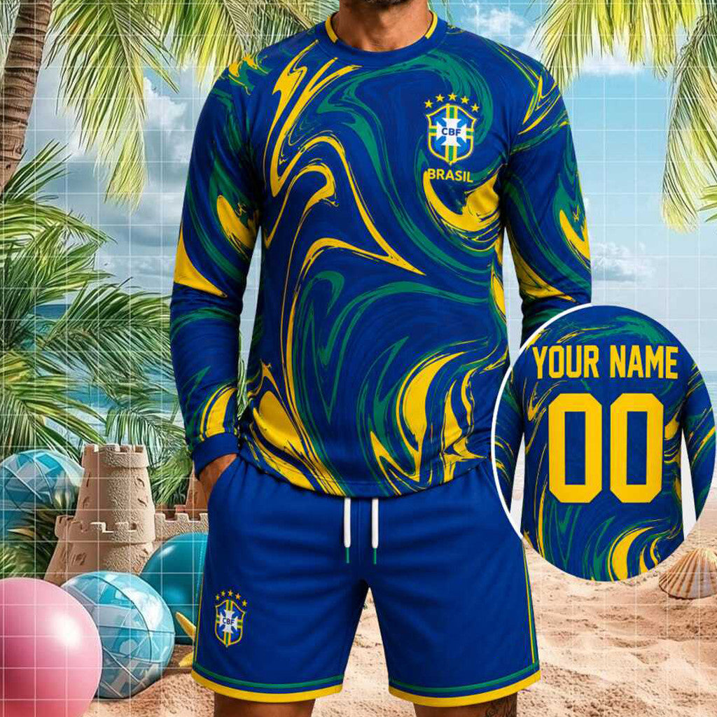 Custom Brazil Football National Team Long Sleeve Shirt Shorts Set Brazil World Cup Merch Men's