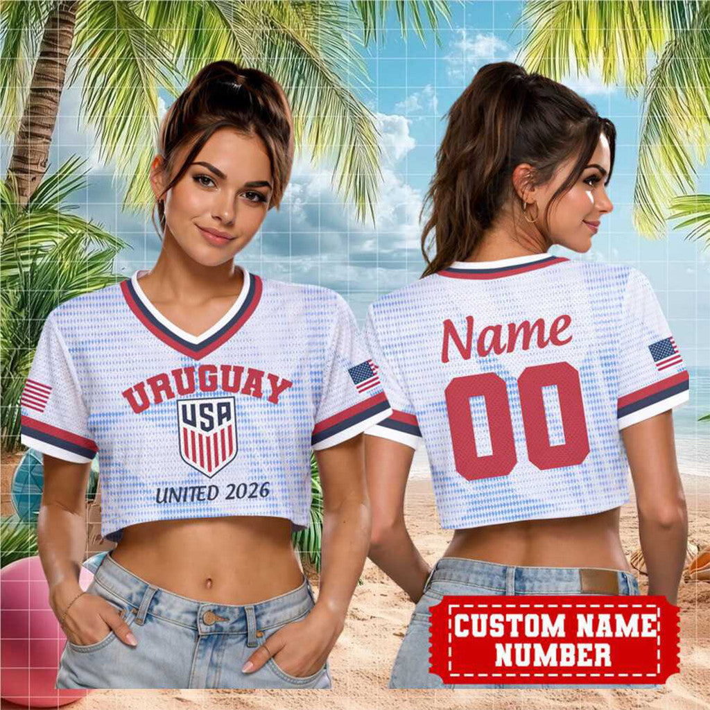 Personalized Uruguay Soccer Team USA World Cup 2026 Cropped V-Neck T-Shirt Game Day FIFA Merch