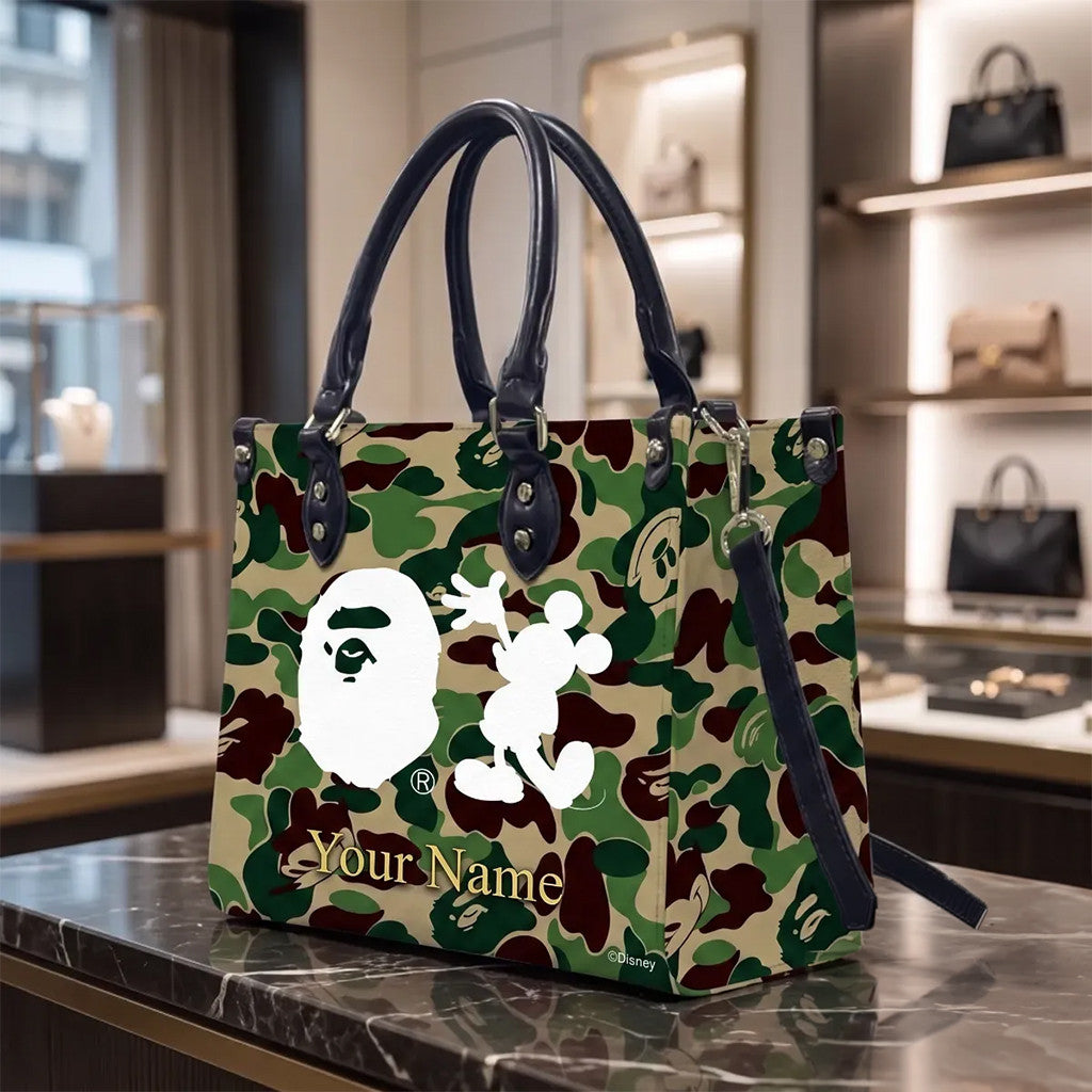 Personalized Bape X Mickey Mouse Camo Leather Handbag Birthday Ideas For Sisters