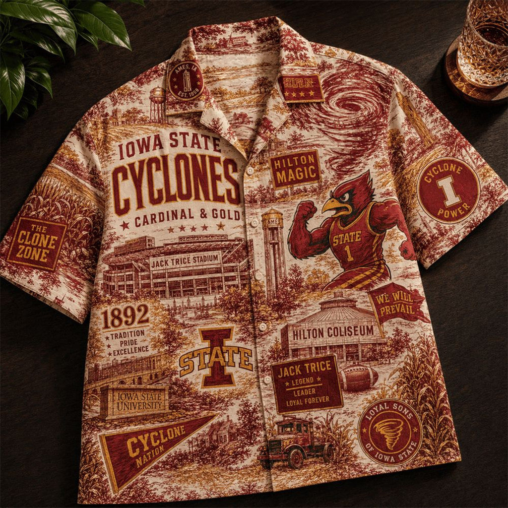 Iowa State Cyclones Football 2026 Hawaiian Shirt Cardinal And Gold Cyclones Merch Him Gifts
