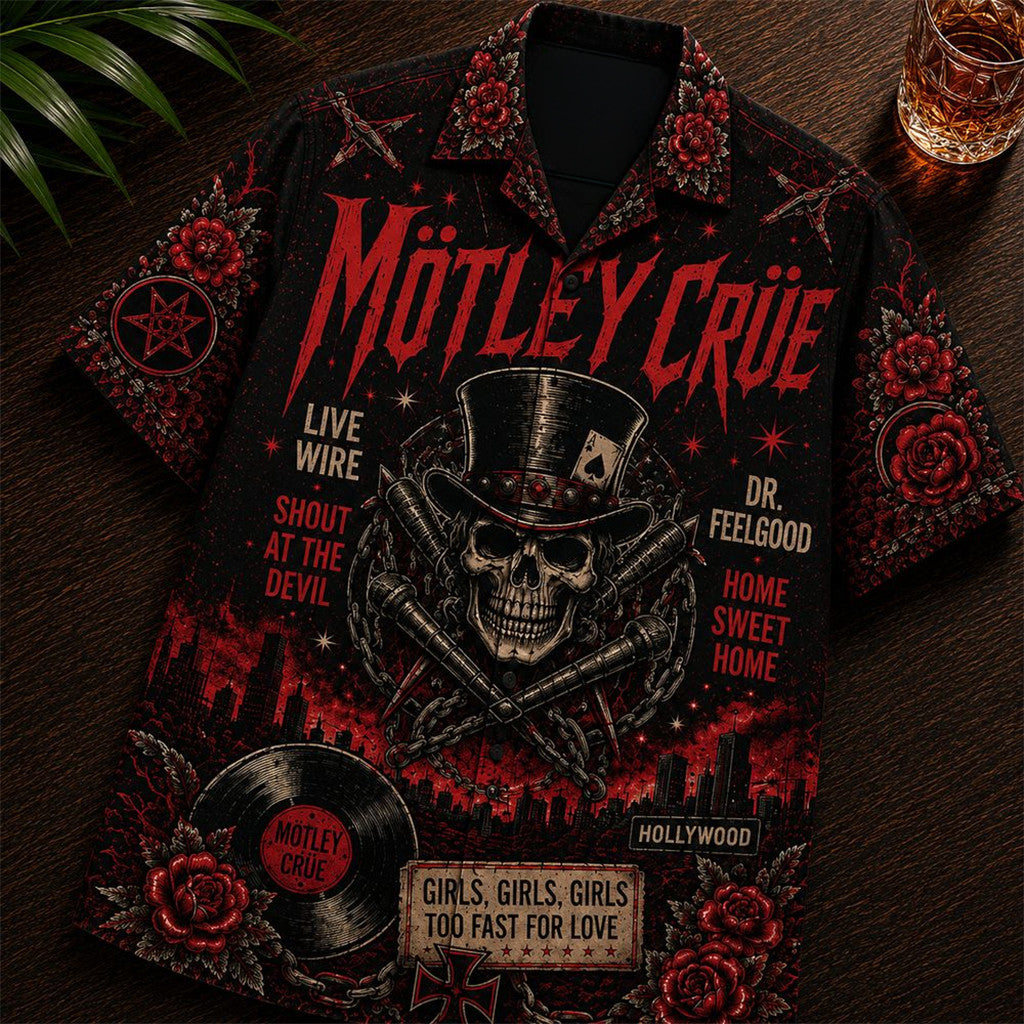 Motley Crue Too Fast For Love Vintage Glam Metal Band Skull Hawaiian Shirt Motley Crue Merch