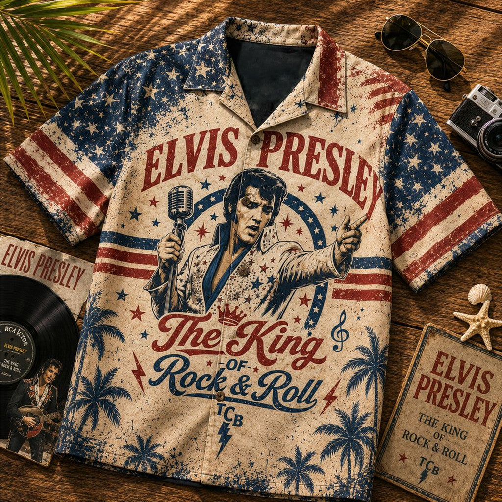 Elvis Presley The King Of Rock N Roll Lightning Bolt Vintage Patriotic Stars Hawaiian Shirt
