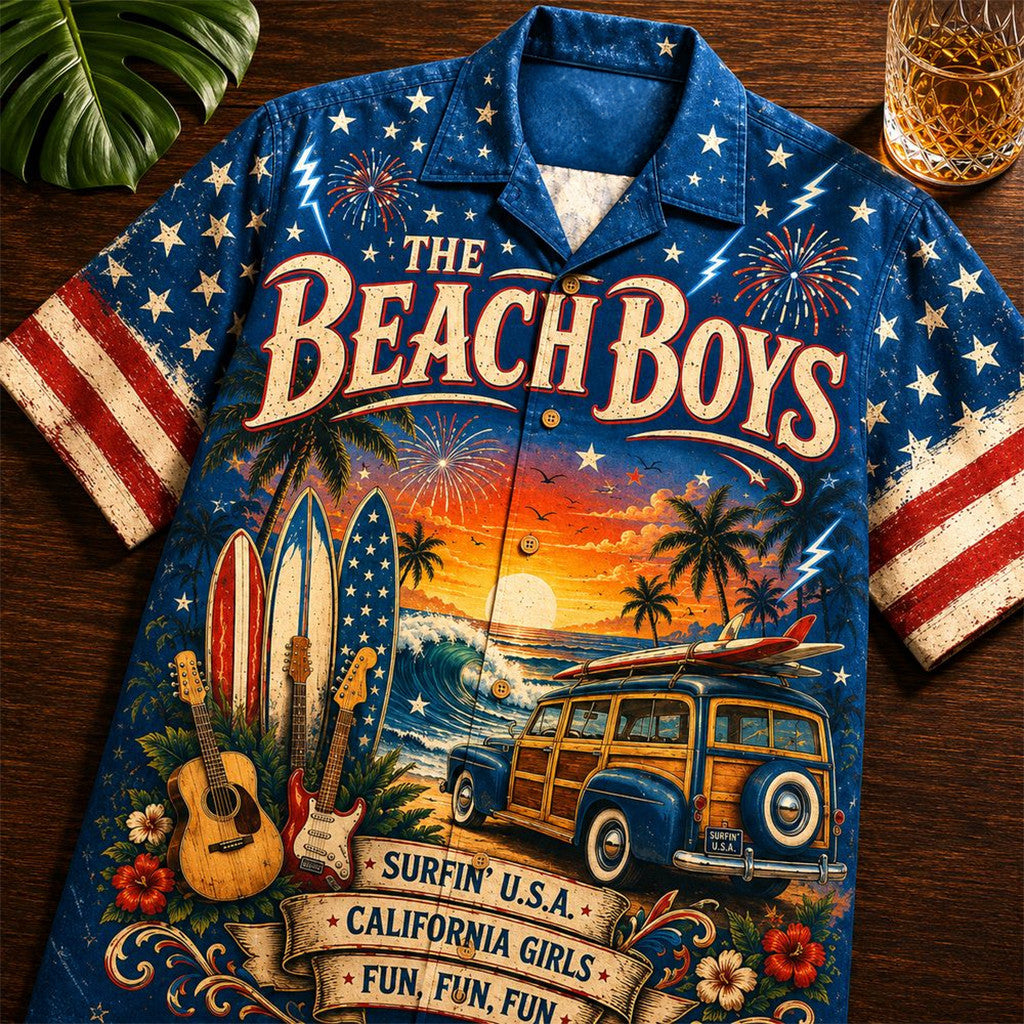 The Beach Boys Woodie Wagon Surfin USA 2026 Hawaiian Shirt The Beach Boys Merch Patriotic Gifts - Merchluma