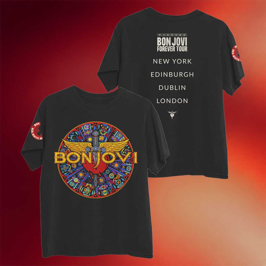 Bon Jovi Merch 2026 Heart And Dagger Stained Glass Tour Black T-Shirt Gift For Rock Fans - Merchluma