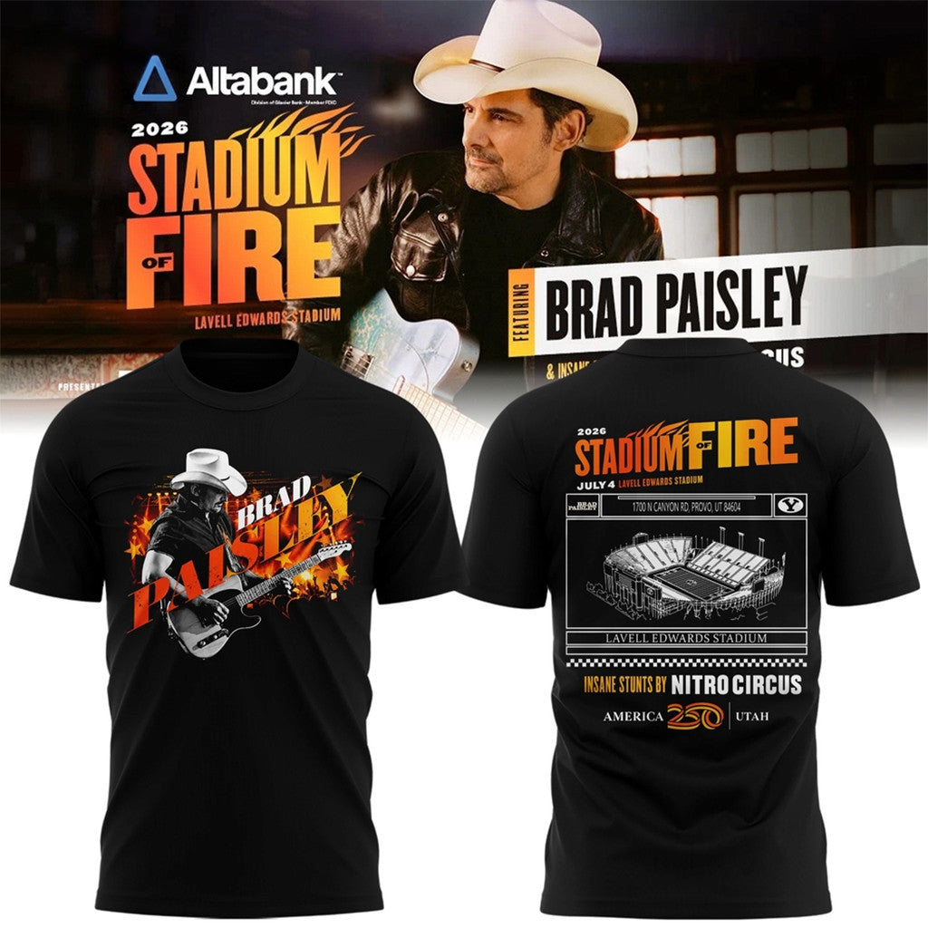 BYU Football X Brad Paisley Stadium Of Fire Tour 2026 Black Shirt Brad Paisley Merch - Merchluma