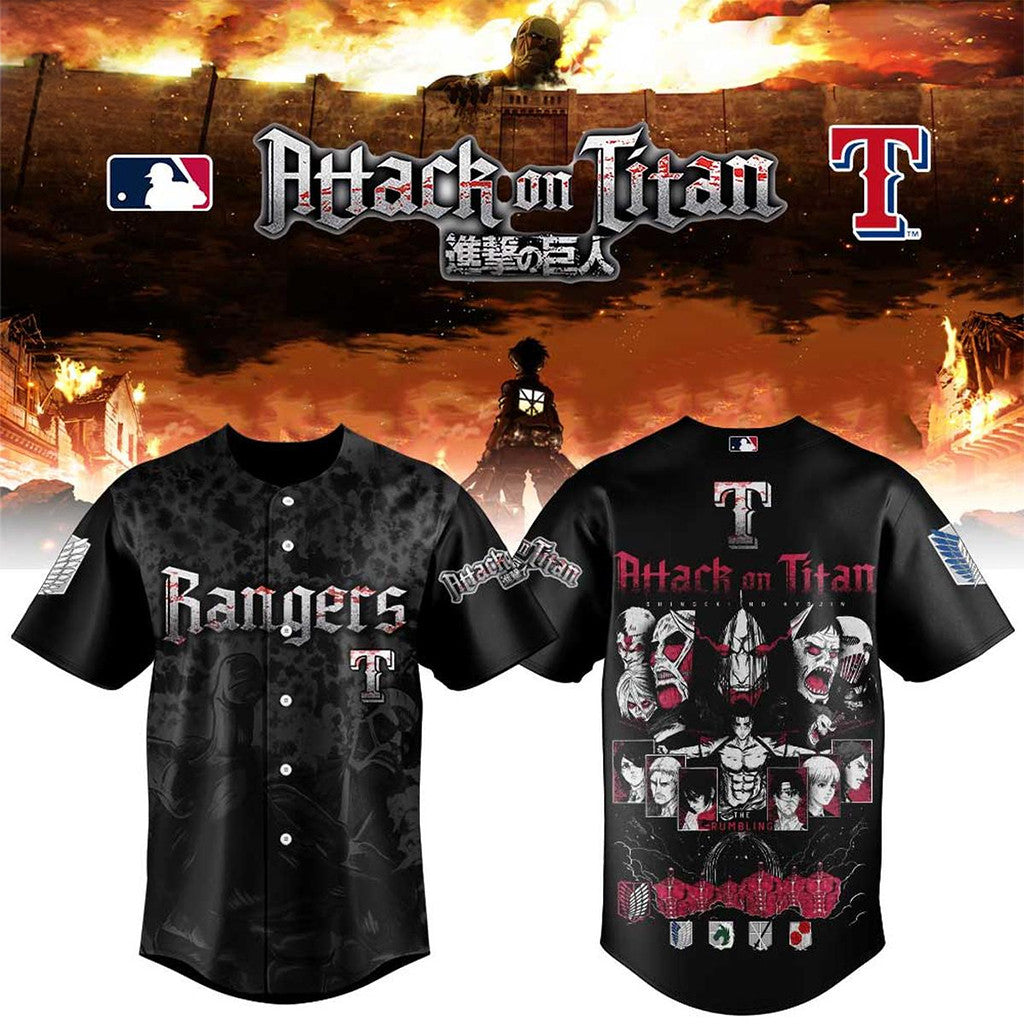Texas Rangers X Attack On Titan 2026 Baseball Jersey Texas Rangers Merch Best Gift For Him - Merchluma