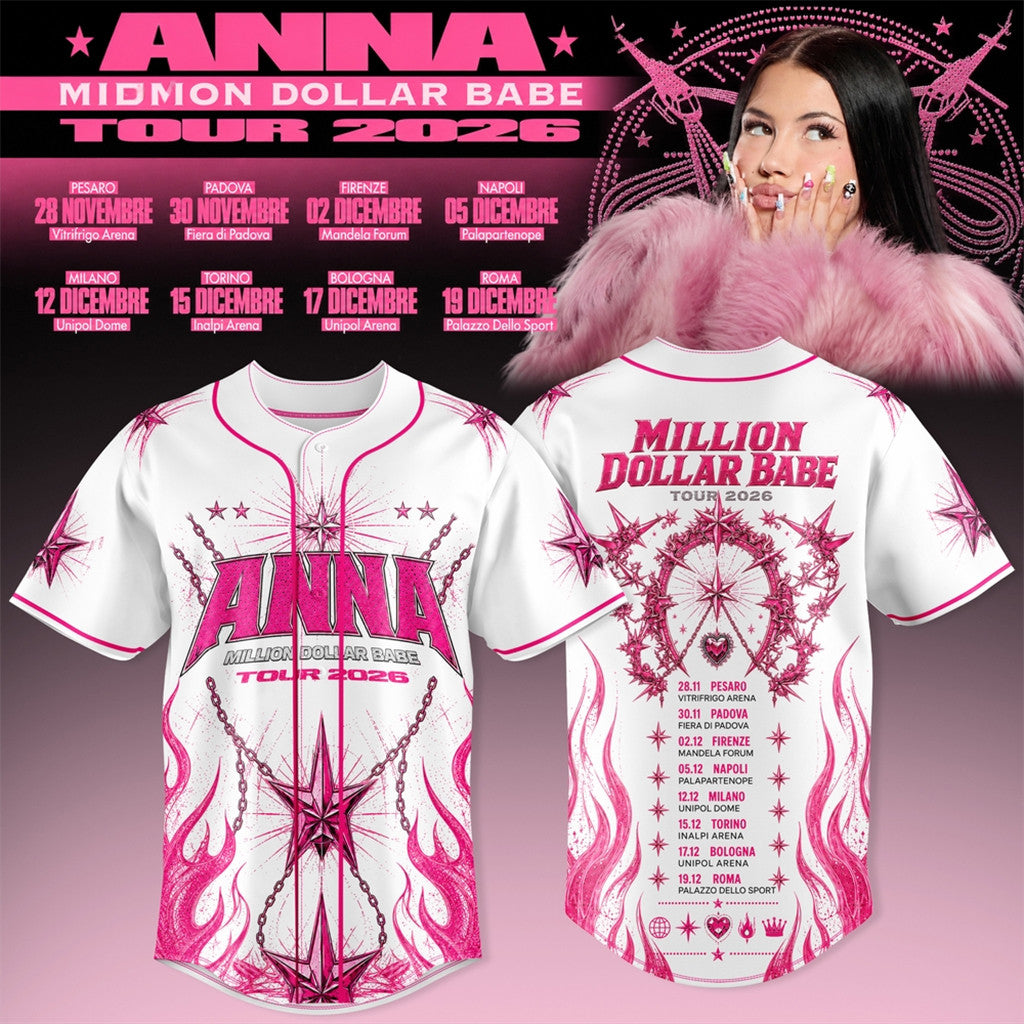 Anna Million Dollar Babe Tour White Pink Flame Baseball Jersey 2026 Anna Merch Gift For Rap Fan - Merchluma