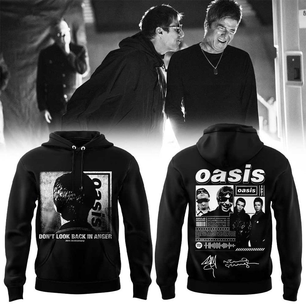 Oasis Don't Look Back In Anger 30Th Signature Black Hoodie Oasis Band Merch 2026 Gift For Fan - Merchluma