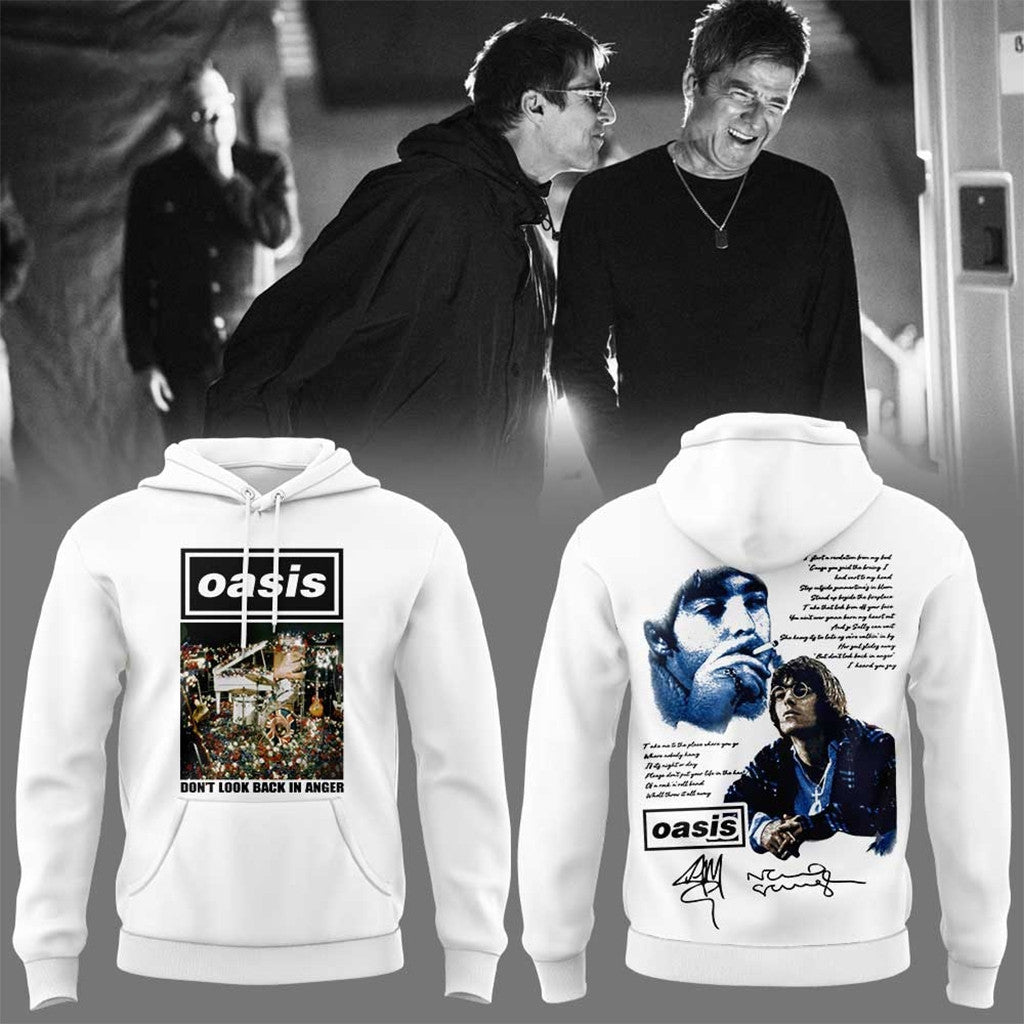 Oasis Don't Look Back In Anger 30Th Signature White Hoodie 2026 Oasis Band Merch Fan Gifts - Merchluma
