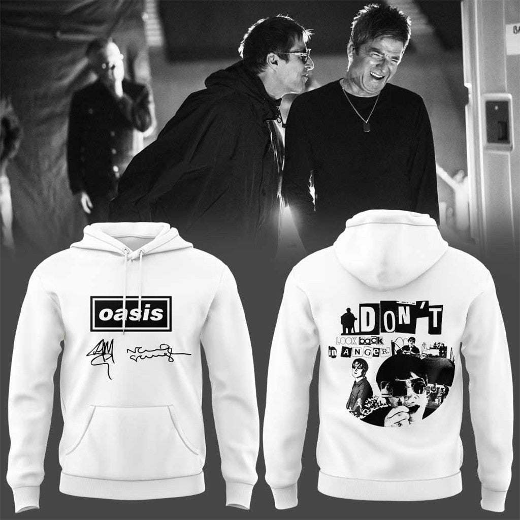 Oasis Don't Look Back In Anger 30Th Signature White Hoodie Oasis Merch Music Lover Gifts - Merchluma