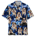 Bulldog Neon Blue Funny Hawaiian Shirt Tropical Floral Aloha Shirt Gifts For Bulldog Lover Dad - Merchluma