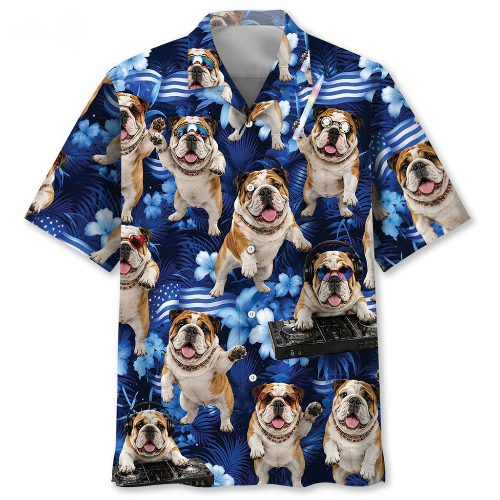 Bulldog Neon Blue Funny Hawaiian Shirt Tropical Floral Aloha Shirt Gifts For Bulldog Lover Dad - Merchluma