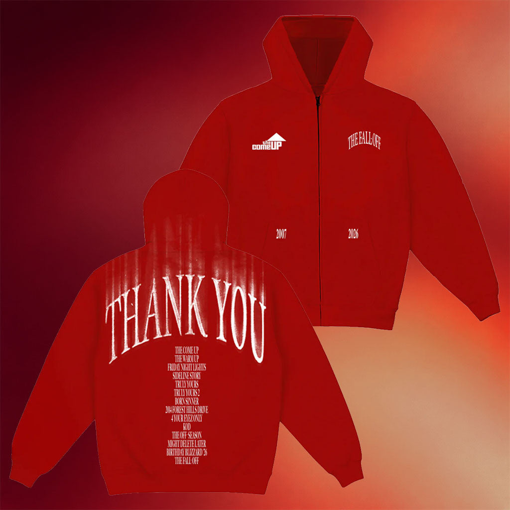 The Fall Off Tour Merch J Cole 2026 Red Thank You Zip Hoodie Presents For Rap Fans - Merchluma