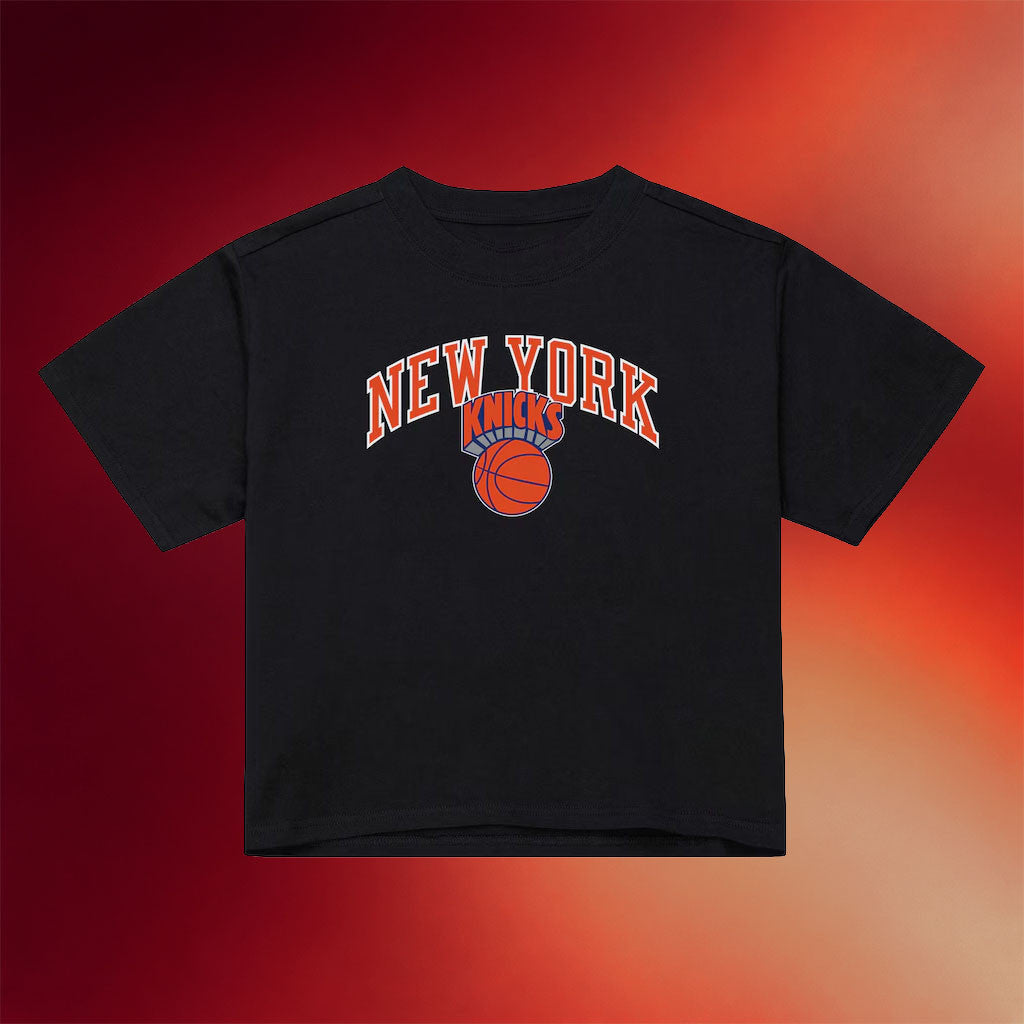 Mitchell And Ness NY Knicks Champions Merch 2026 New York Knicks Black Cropped T-Shirt Women's - Merchluma